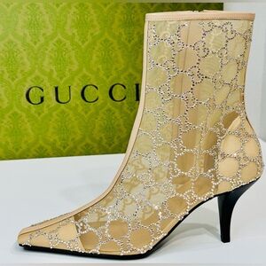 New! Gucci Demi Crystal Mesh Ankle Boots Beige Mid Heel Size EU-38.5 RETAIL$2950